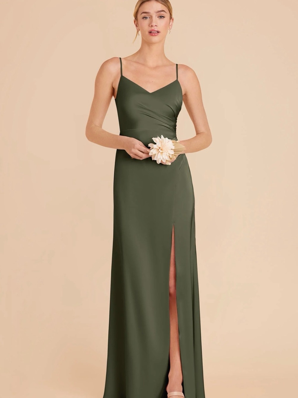 Birdy Grey Catherine Matte Satin Olive Green Spaghetti Strap Maxi Dress